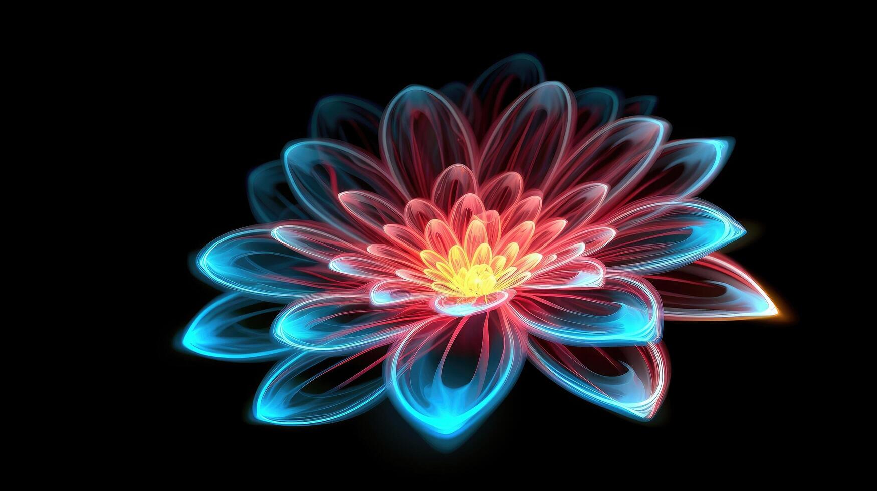 Multicolor neon light drawing, abstract shape flowers isolated on black background. Glowing line art. The Illumination of vibrant radiance of neon flower, illustration photo