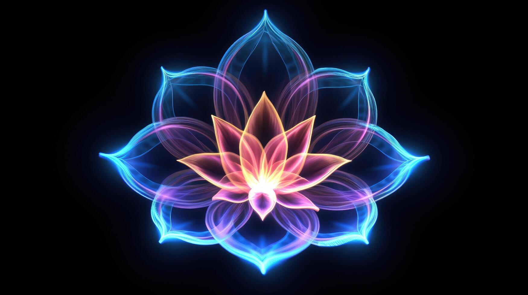 Multicolor neon light drawing, abstract shape flowers isolated on black background. Glowing line art. The Illumination of vibrant radiance of neon flower, illustration photo