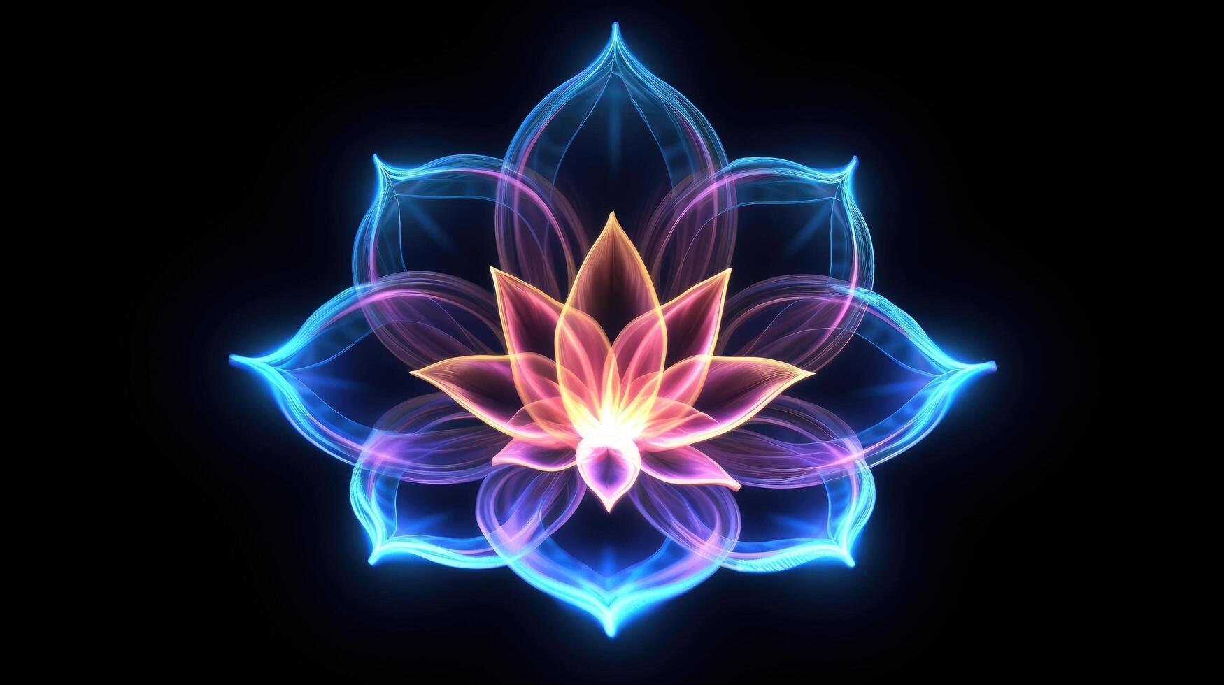 Multicolor neon light drawing, abstract shape flowers isolated on black background. Glowing line art. The Illumination of vibrant radiance of neon flower, Generative AI illustration photo