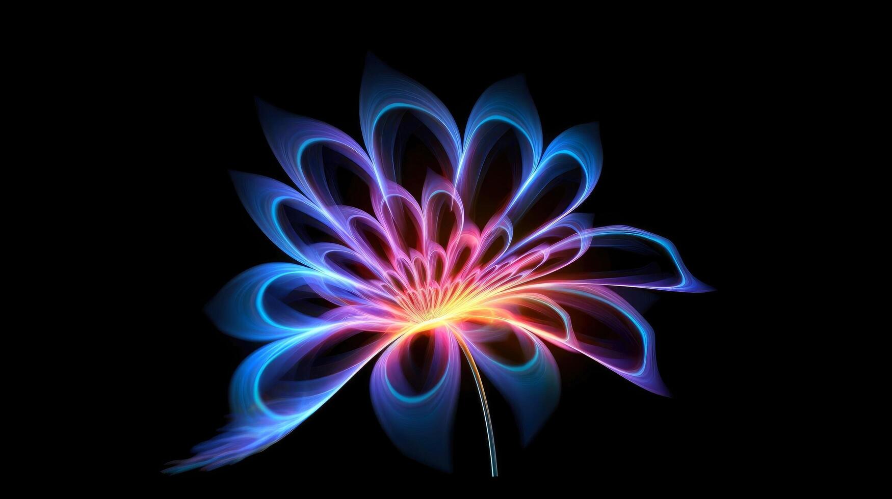 Multicolor neon light drawing, abstract shape flowers isolated on black background. Glowing line art. The Illumination of vibrant radiance of neon flower, illustration photo
