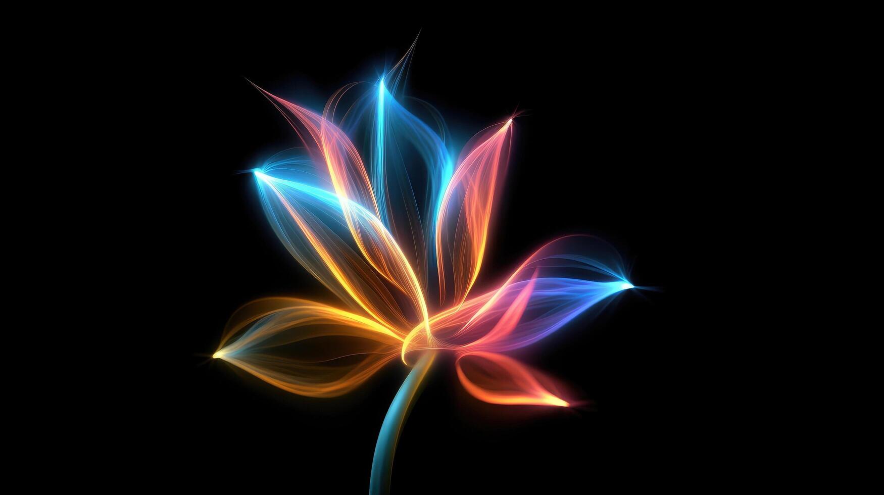 Multicolor neon light drawing, abstract shape flowers isolated on black background. Glowing line art. The Illumination of vibrant radiance of neon flower, illustration photo