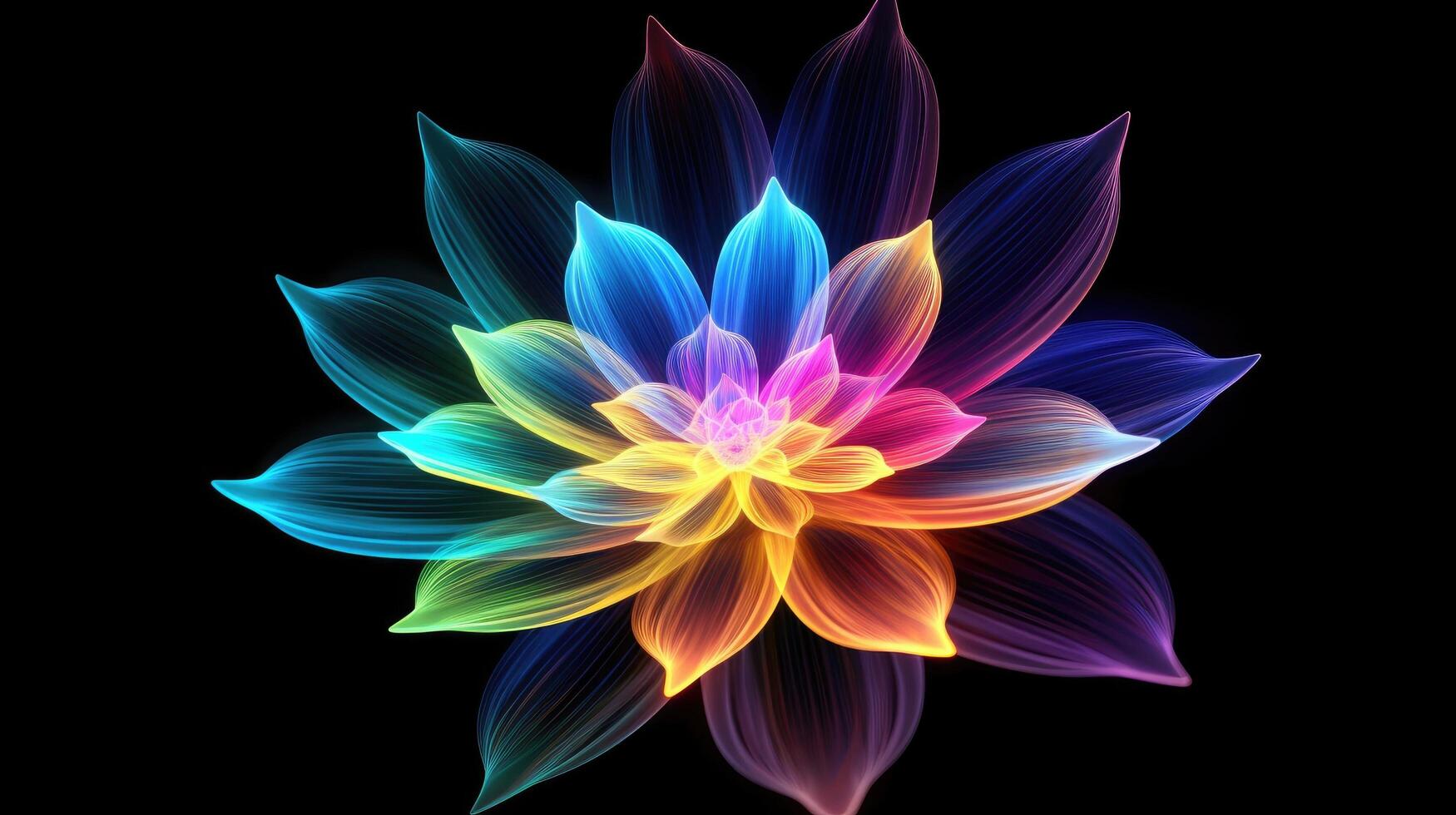 Multicolor neon light drawing, abstract shape flowers isolated on black background. Glowing line art. The Illumination of vibrant radiance of neon flower, illustration photo