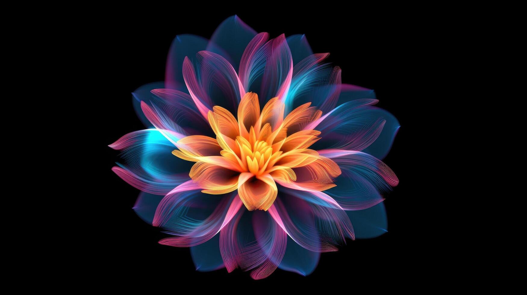 Multicolor neon light drawing, abstract shape flowers isolated on black background. Glowing line art. The Illumination of vibrant radiance of neon flower, illustration photo
