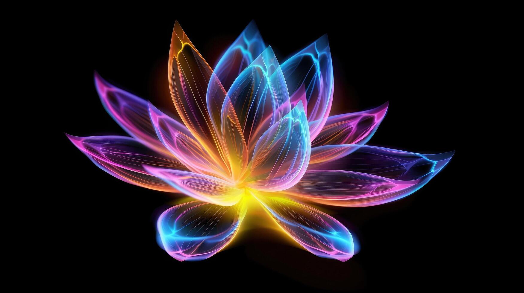 Multicolor neon light drawing, abstract shape flowers isolated on black background. Glowing line art. The Illumination of vibrant radiance of neon flower, illustration photo