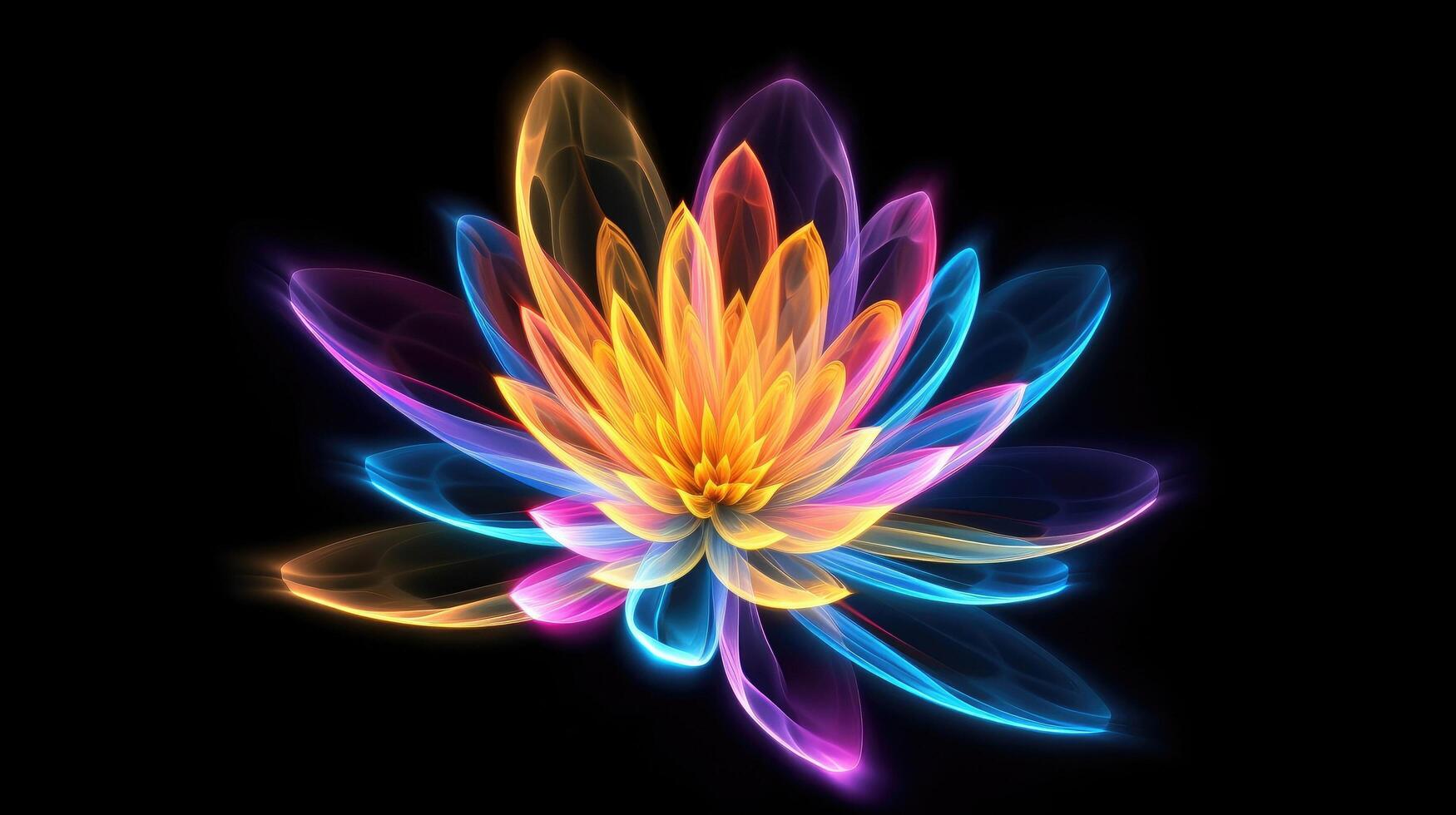 Multicolor neon light drawing, abstract shape flowers isolated on black background. Glowing line art. The Illumination of vibrant radiance of neon flower, illustration photo