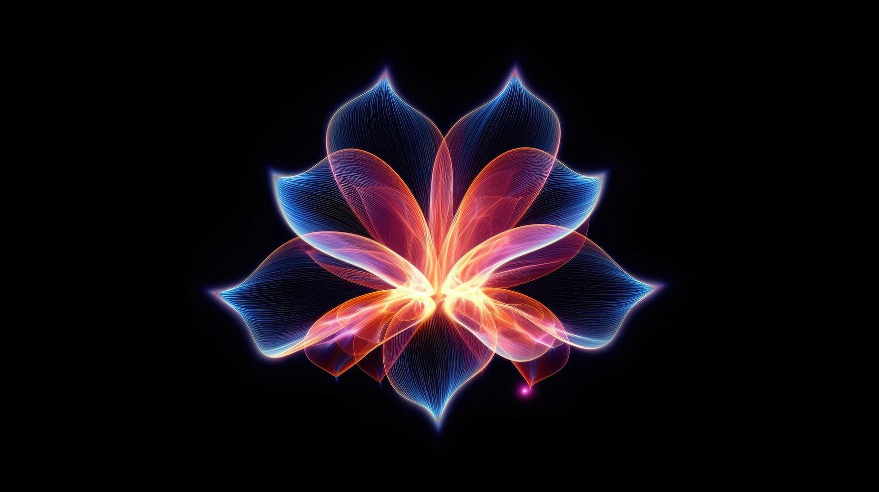 Multicolor neon light drawing, abstract shape flowers isolated on black background. Glowing line art. The Illumination of vibrant radiance of neon flower, illustration photo