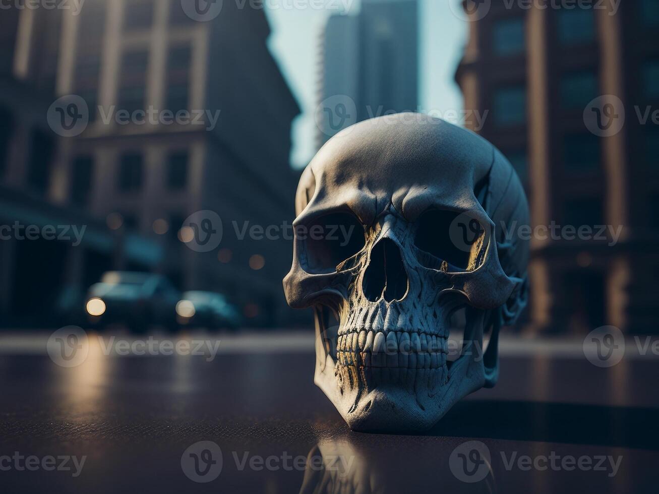 skeleton scull on the city background. photo