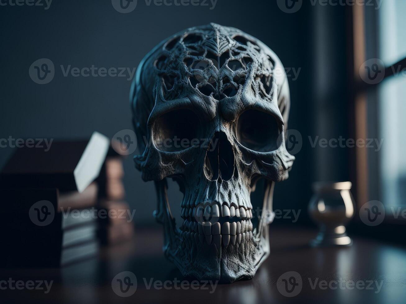 skeleton scull on the table background. photo