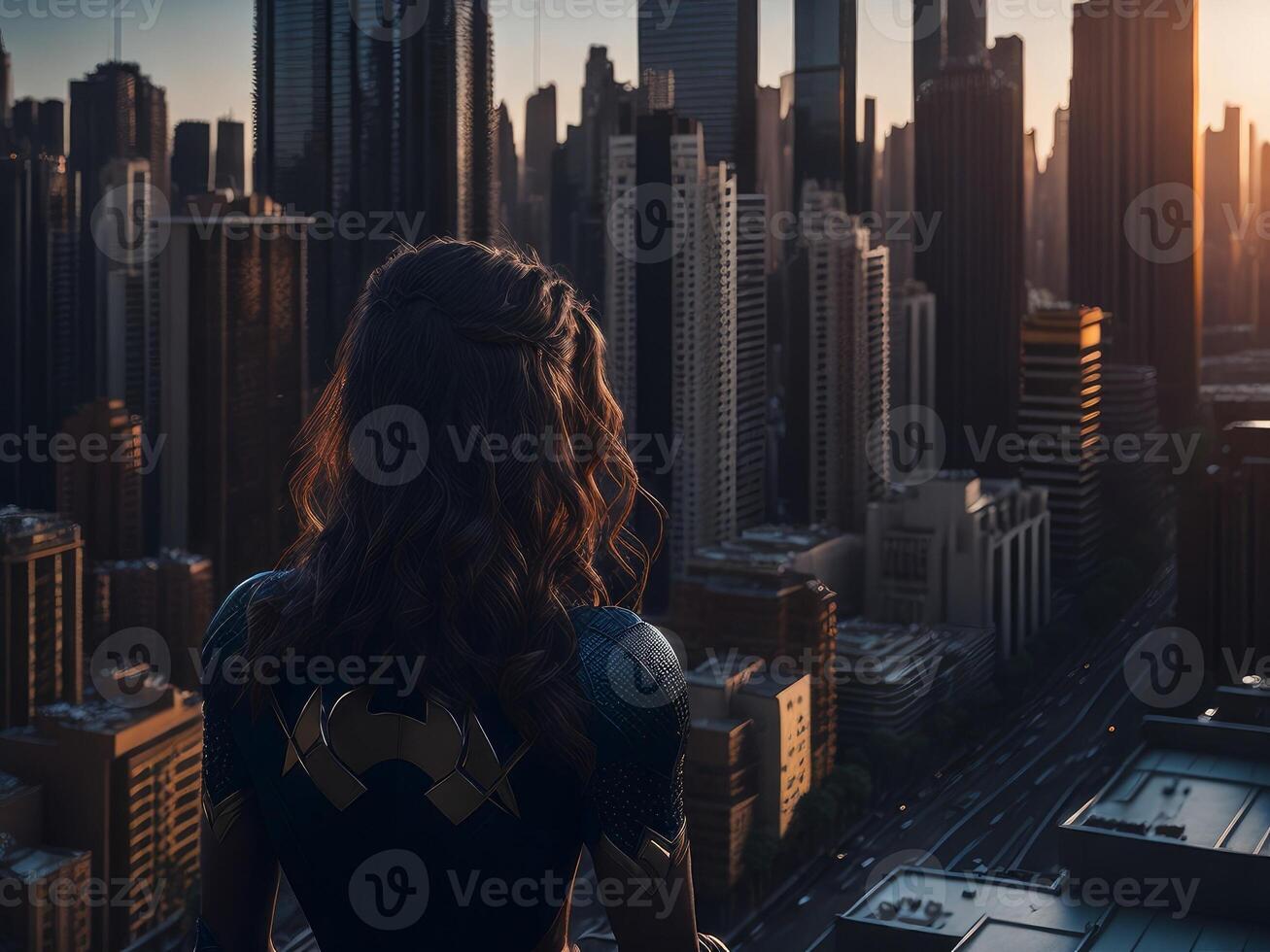 Superhero woman staying back to the camera and looking at the city. photo