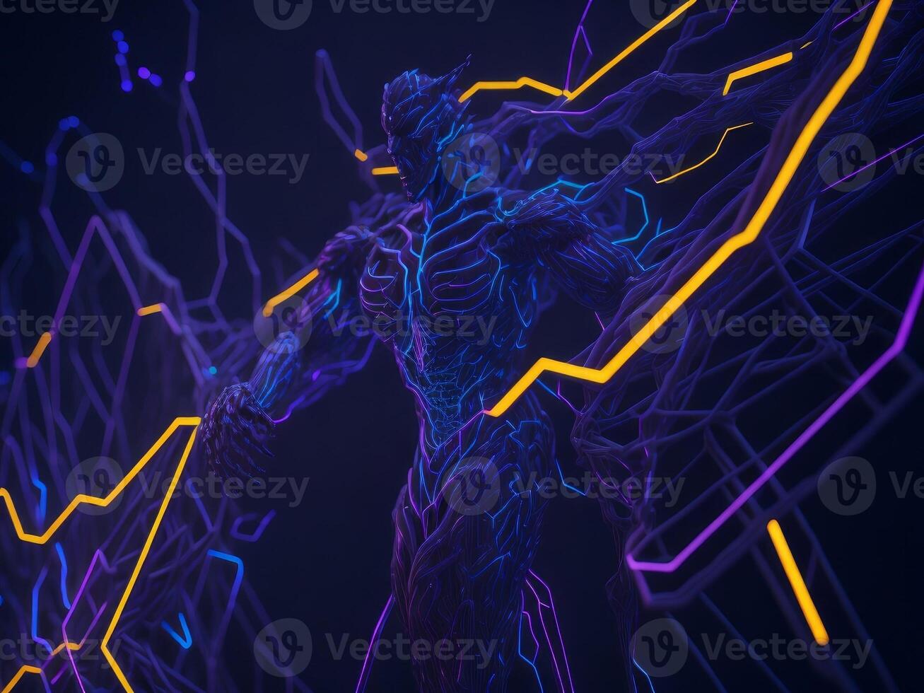 Neon hi tech background. Glowing neon robot. photo