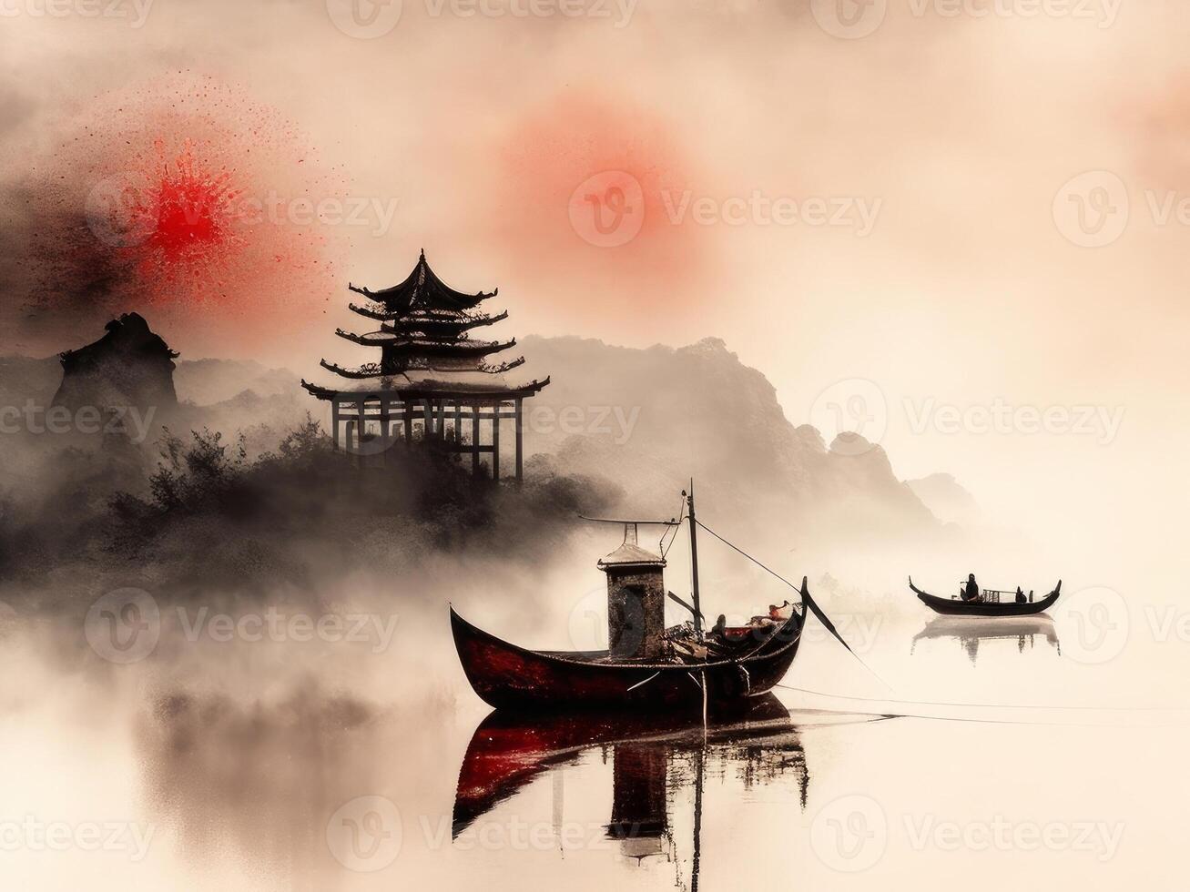 Chinese landscape with mountain, river, trees, pagoda. Watercolor and ink illustration of nature, sumi-e or u-sin traditional painting. photo