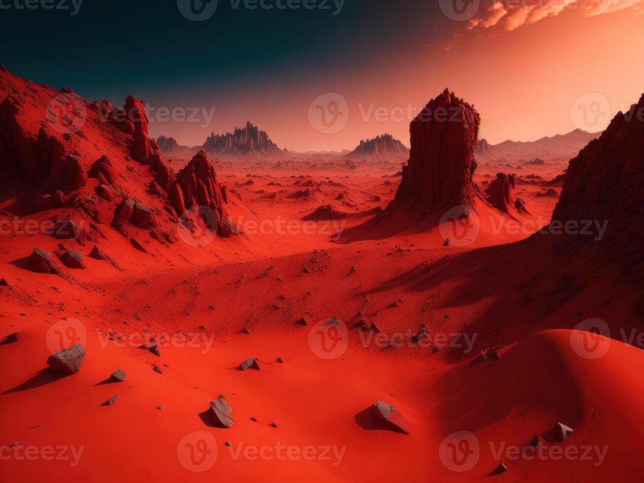 Red surface fantasy planet with mountains and dessert. photo