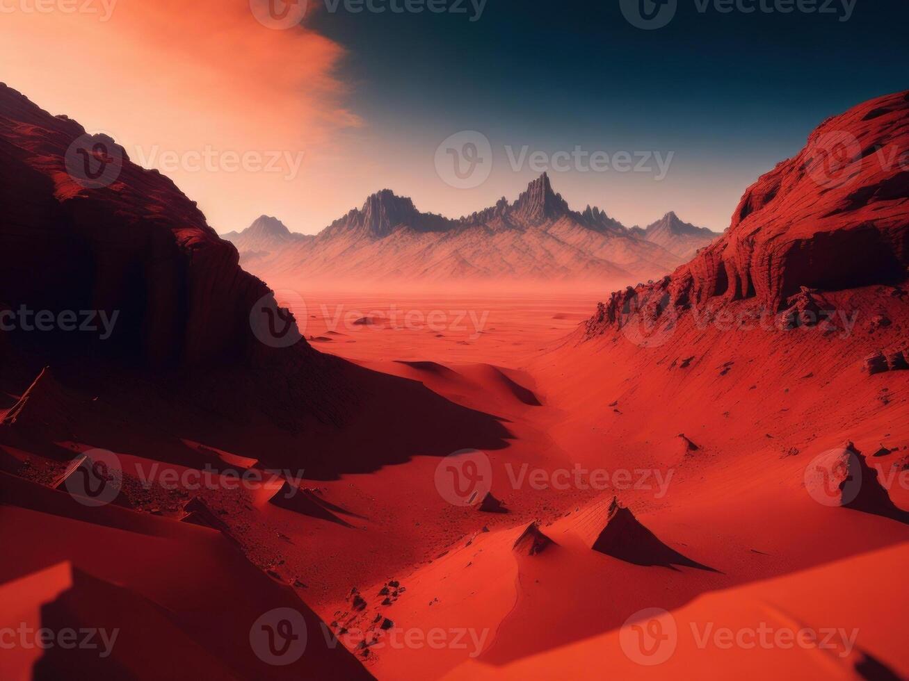 Red surface fantasy planet with mountains and dessert. photo