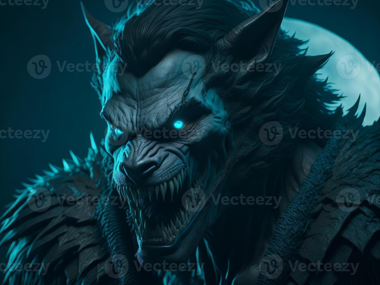 Scary werewolf with open mouth and big teeth on dark background. Halloween monster. photo