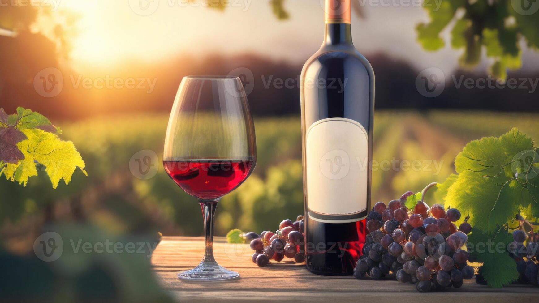 Red wine bottle with wine glass on wooden table with Bunch of grapes. photo