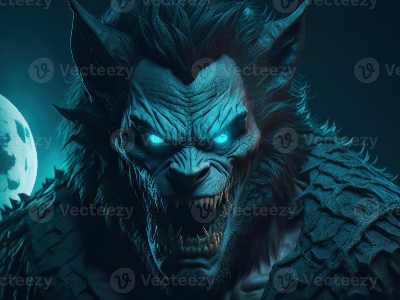 Scary werewolf with open mouth and big teeth on dark background. Halloween monster. photo
