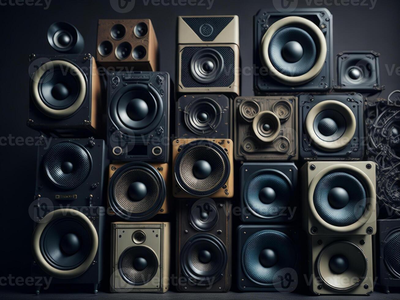 A large stack of vintage music audio speakers. photo