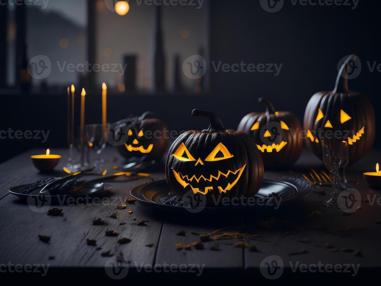 Spooky scary pumpkin on the table, Halloween. photo