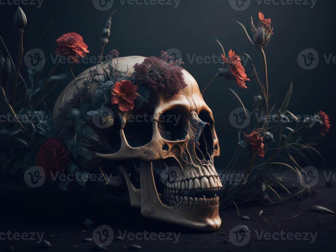 human skull full flowers. Halloween. photo
