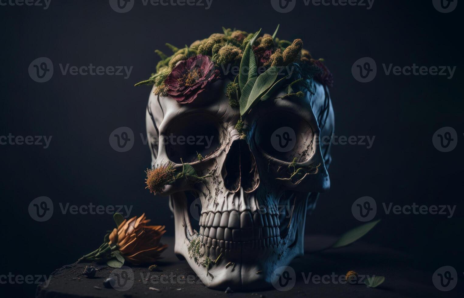 humano cráneo lleno flores Víspera de Todos los Santos. ai generado foto