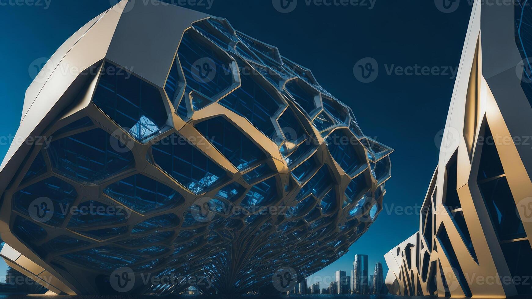 Futuristic city in glass gold and blue colors with blue sky. photo