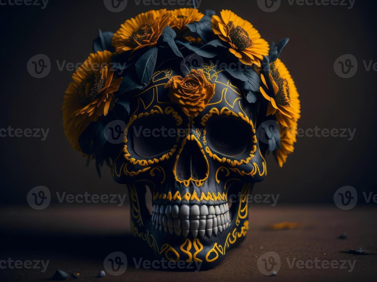 Sugar skull with flowers on black background. photo