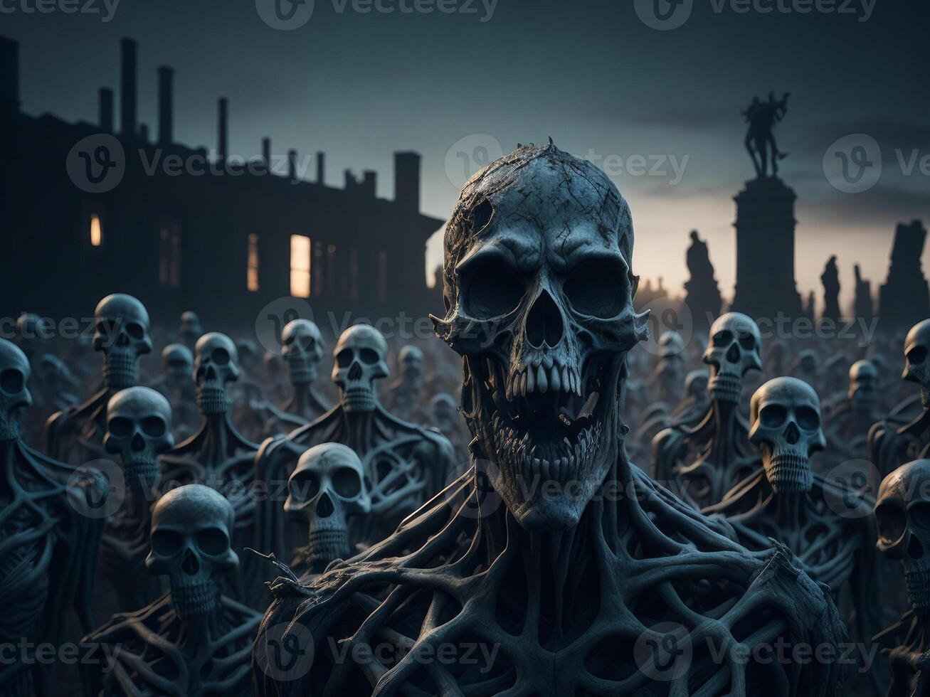 Zombies Skulls and Skeletons Rising from Dark, Halloween background. photo