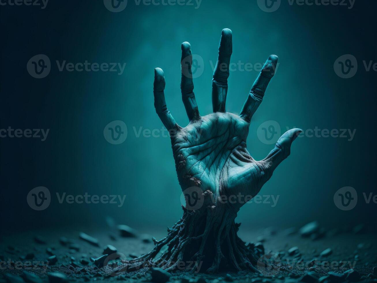 Zombie's hand raising from the grave. Halloween background. photo