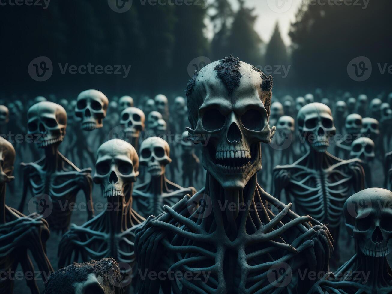 Zombies Skulls and Skeletons Rising from Dark, Halloween background. photo