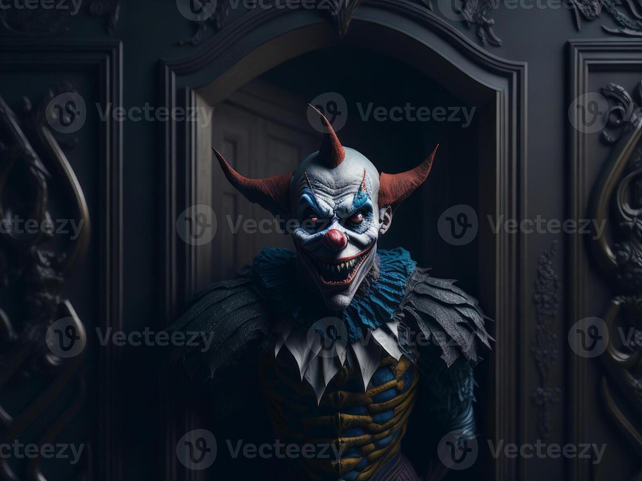 Creepy clown standing in the doorway, Halloween concept. photo