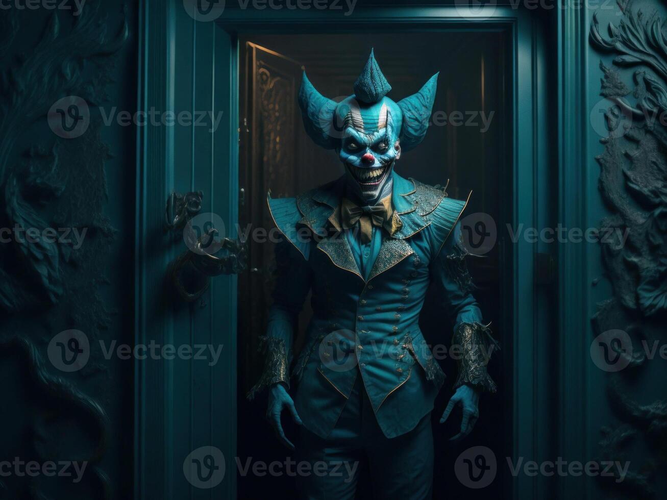 Creepy clown standing in the doorway, Halloween concept. photo