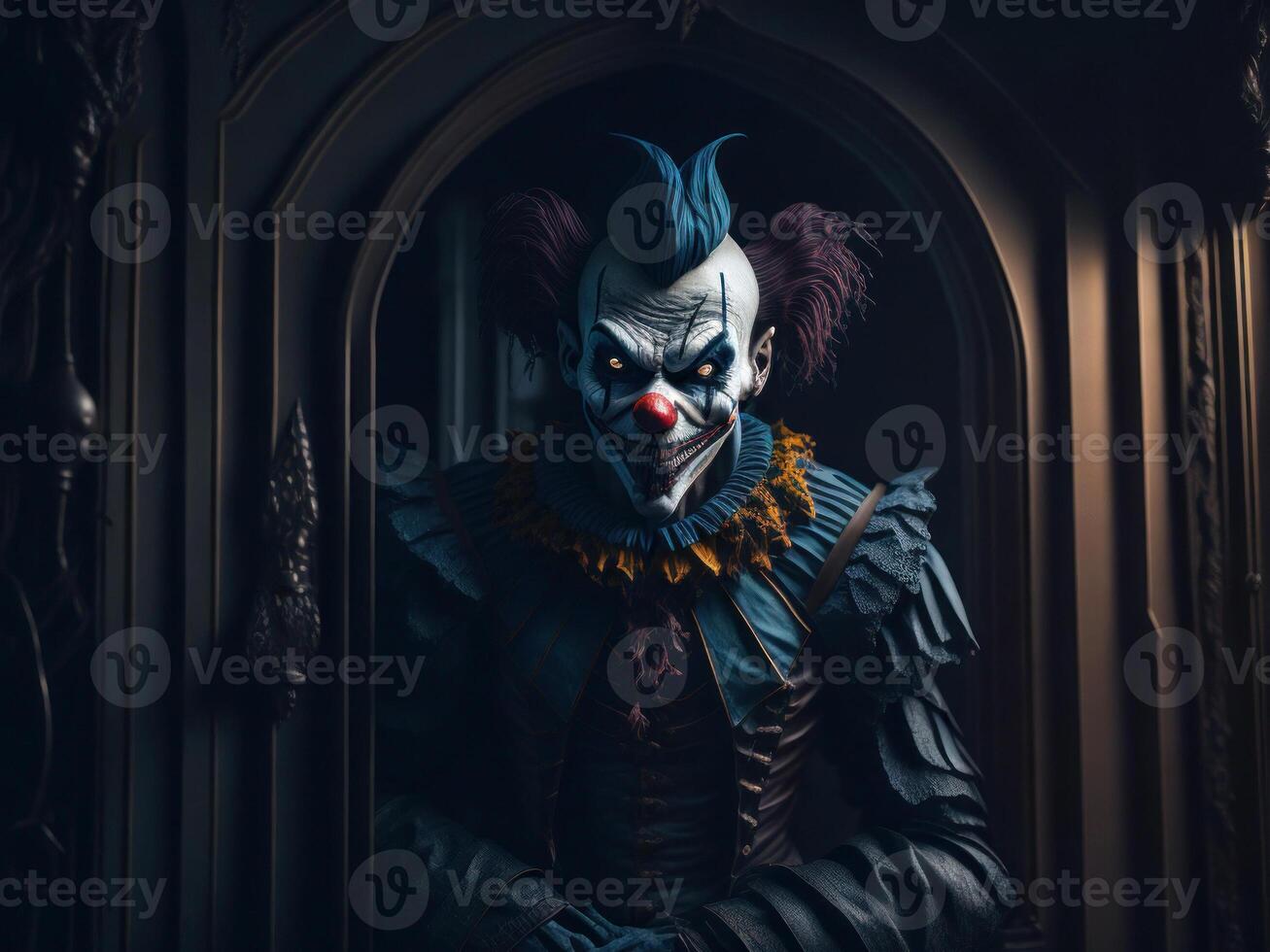 Creepy clown standing in the doorway, Halloween concept. photo