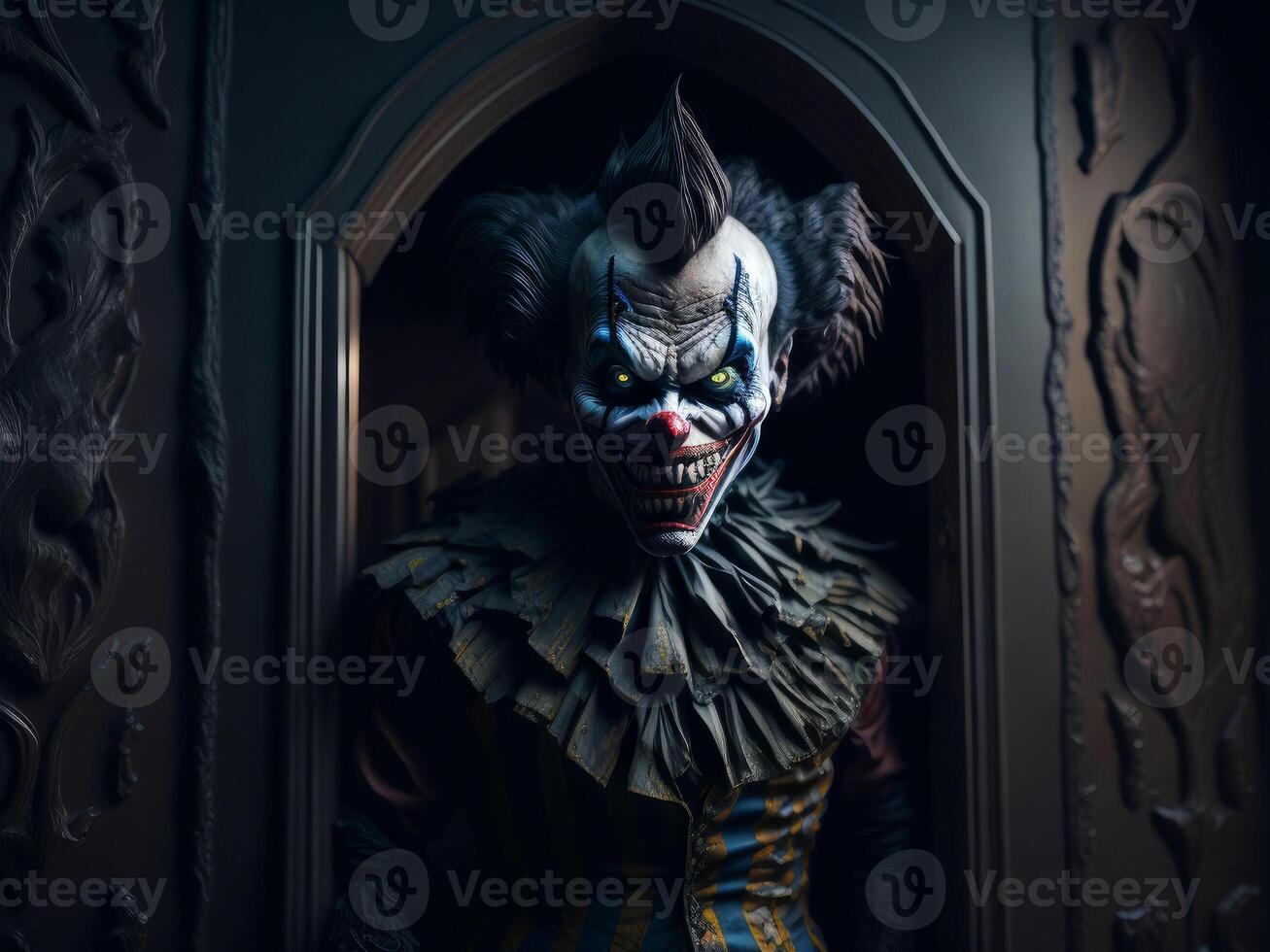 Creepy clown standing in the doorway, Halloween concept. photo