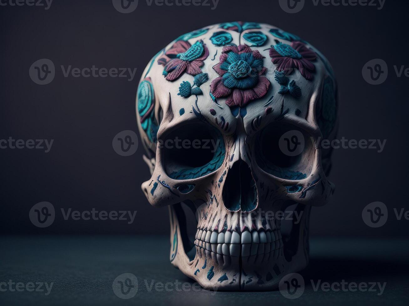 Sugar skull with flowers on black background. photo