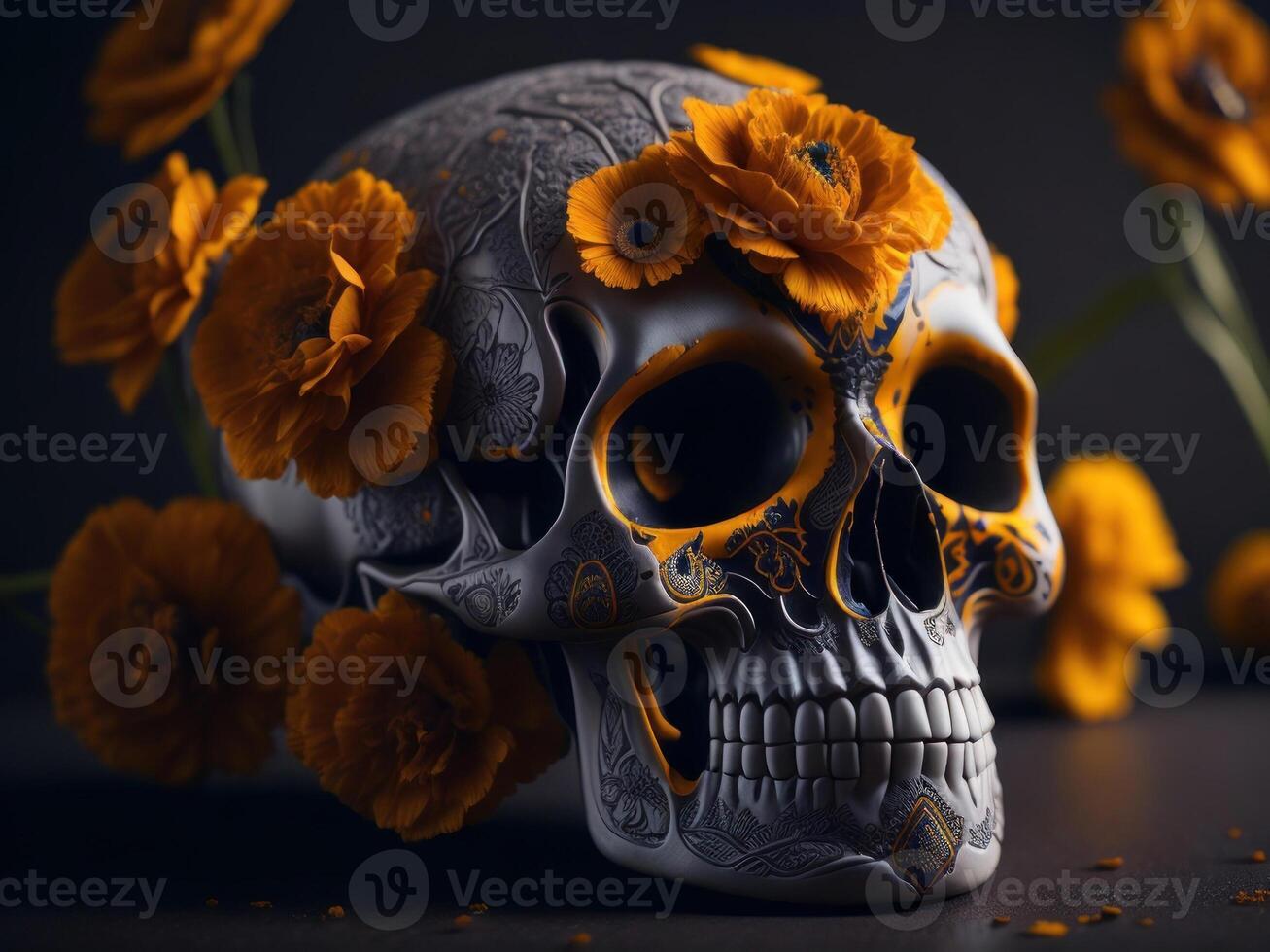 Sugar skull with flowers on black background. photo