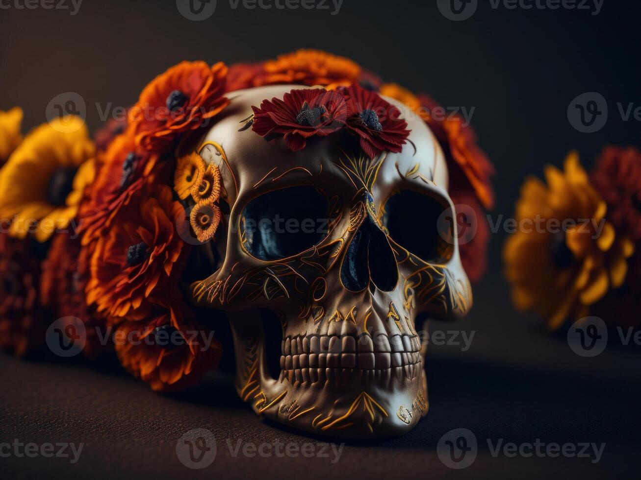 azúcar cráneo con flores en negro antecedentes. ai generado foto