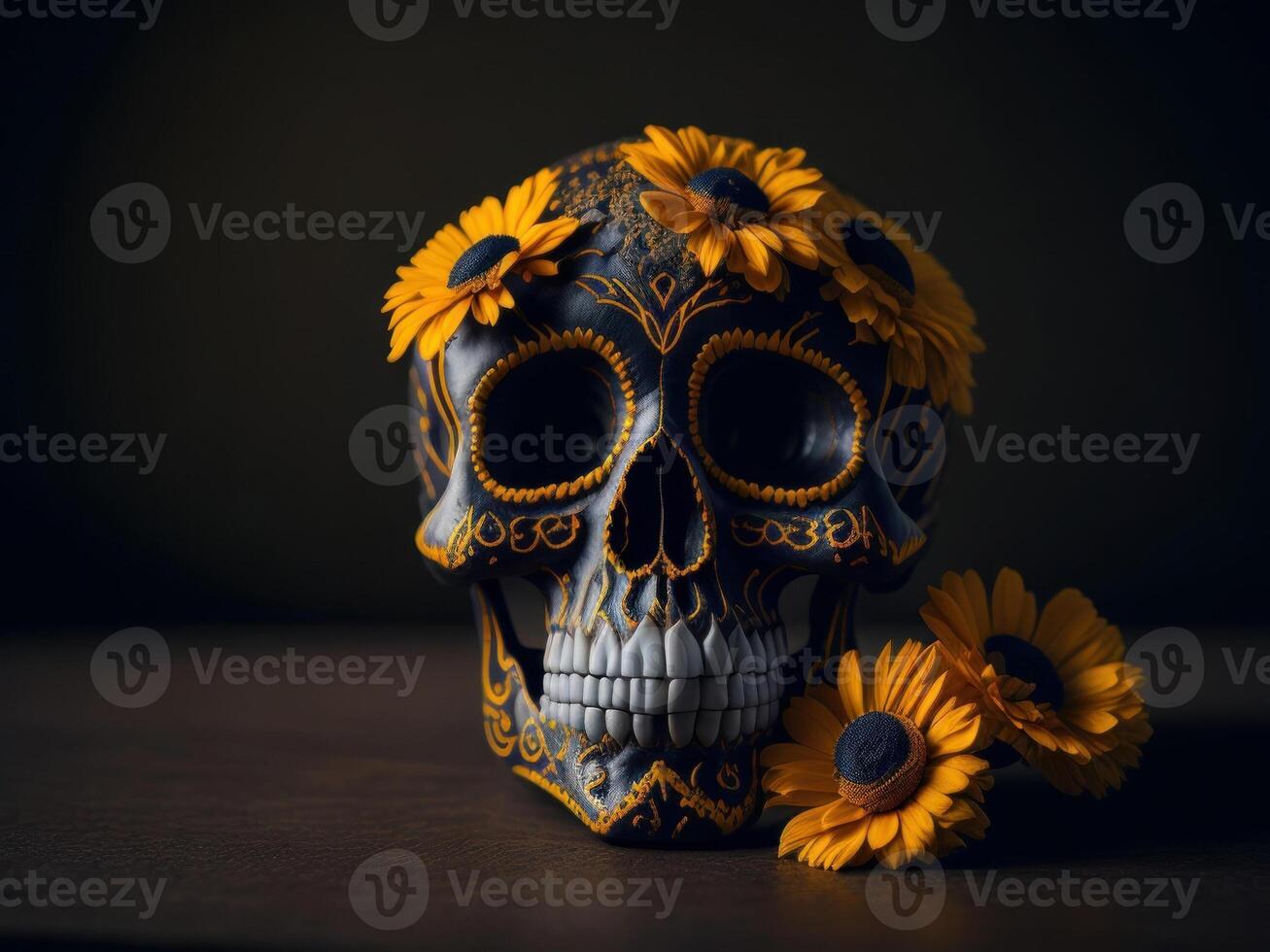 azúcar cráneo con flores en negro antecedentes. ai generado foto