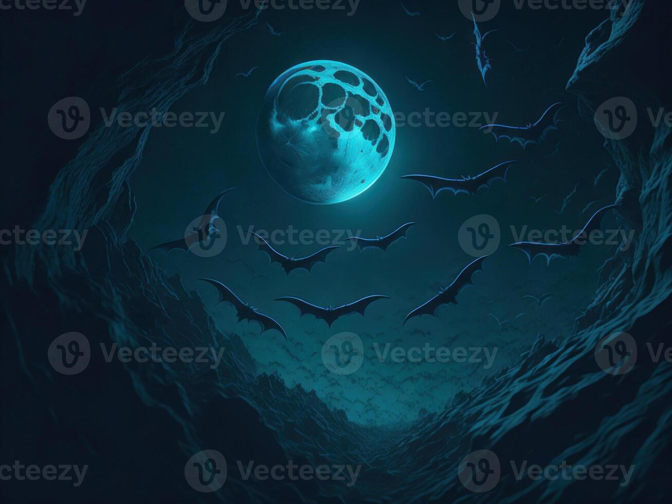 Bats flying on dark night sky. Scary Halloween background. photo