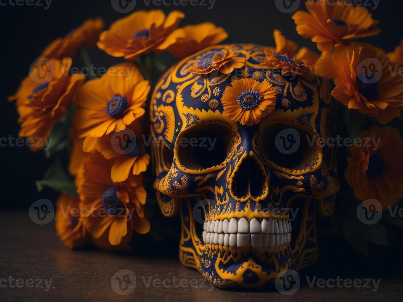 Sugar skull with flowers on black background. photo