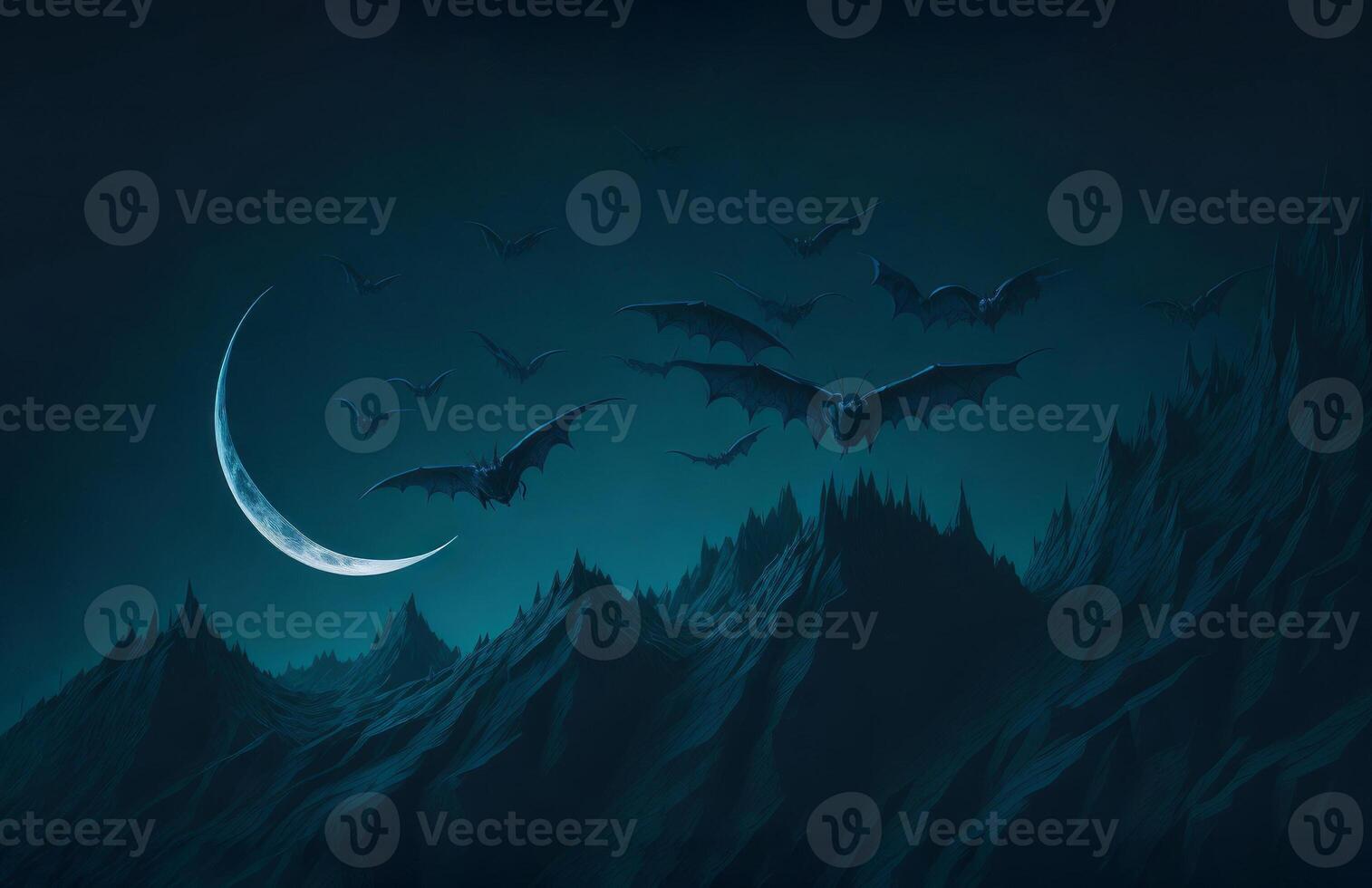 Bats flying on dark night sky. Scary Halloween background. photo