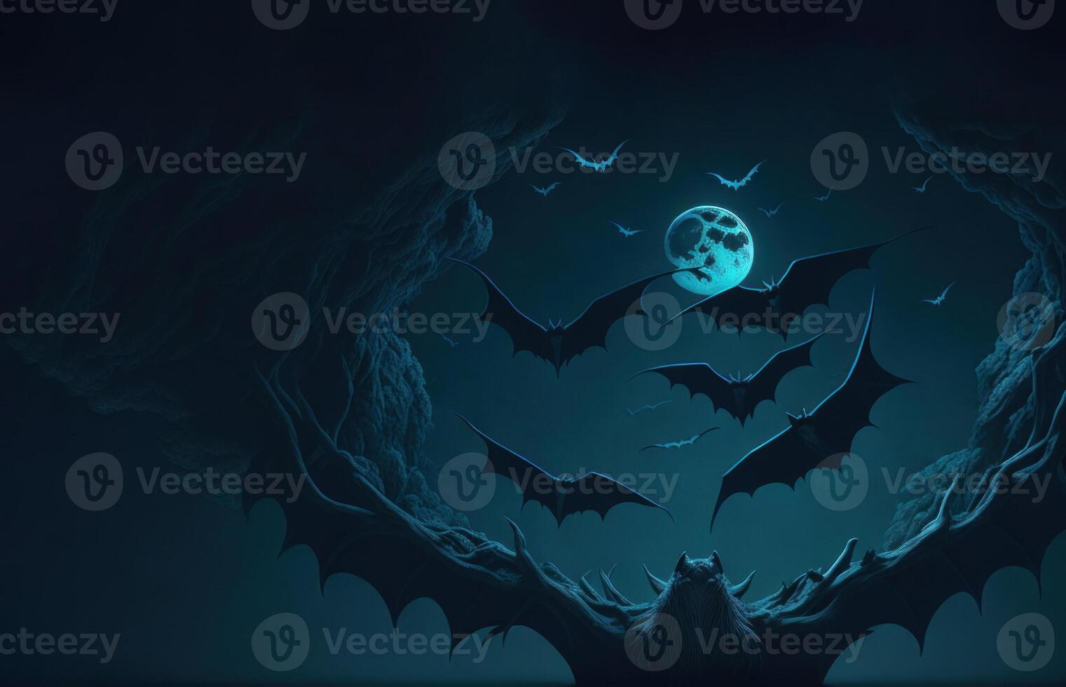 Bats flying on dark night sky. Scary Halloween background. photo