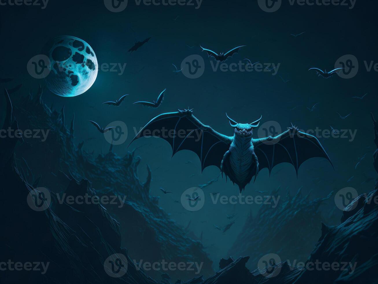 Bats flying on dark night sky. Scary Halloween background. photo