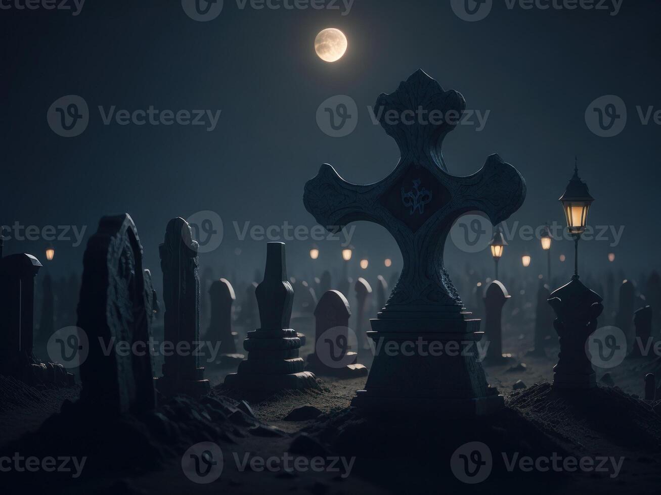 Halloween background with spooky graveyard with fog at night. photo