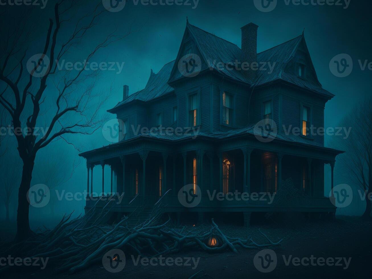 Black Old creepy house at foggy night. Halloween background. photo