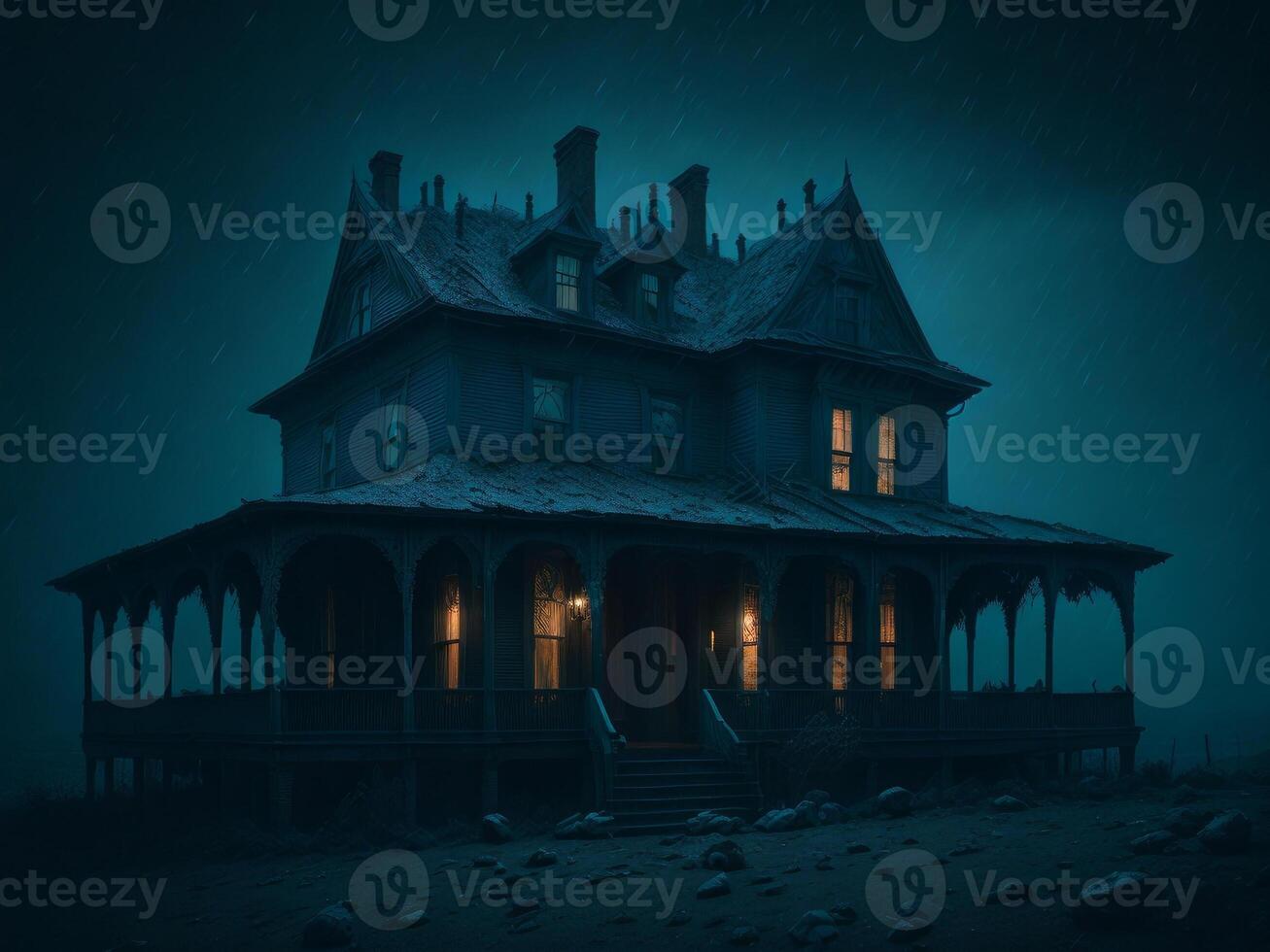 Black Old creepy house at foggy night. Halloween background. photo