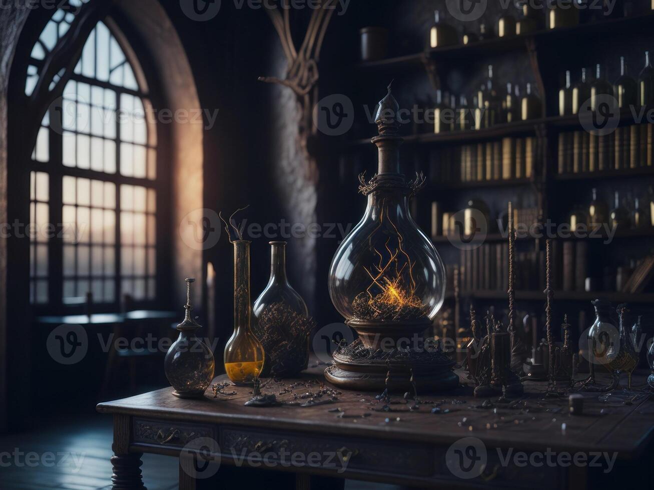 Magic alchemical laboratory wizard room. photo