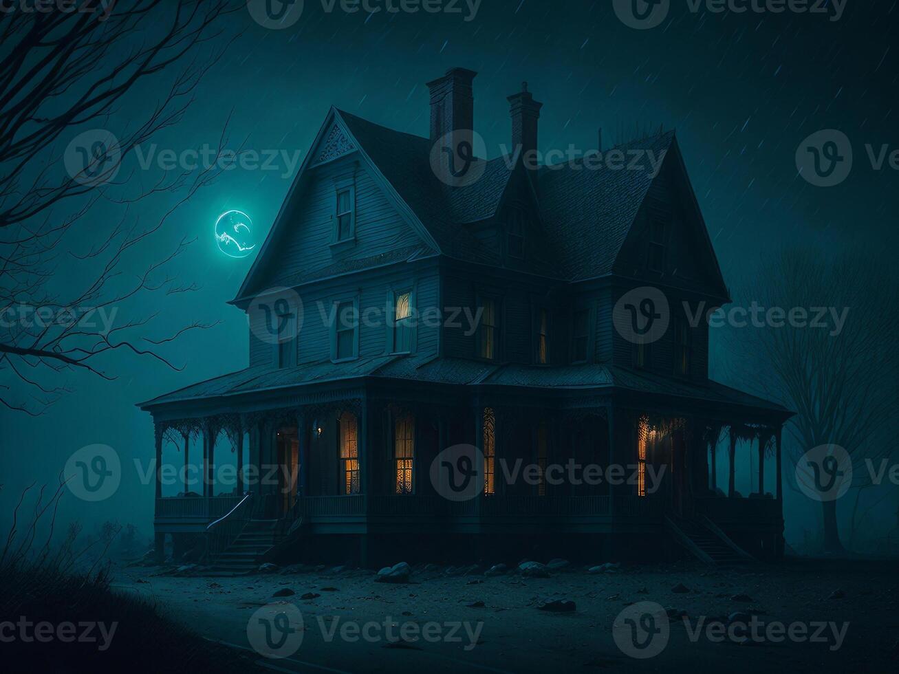 Black Old creepy house at foggy night. Halloween background. photo