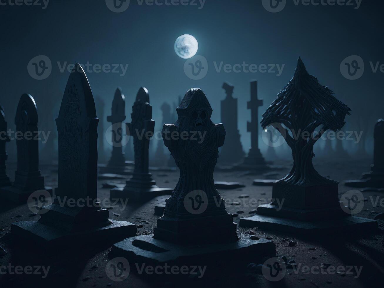 Halloween background with spooky graveyard with fog at night. photo