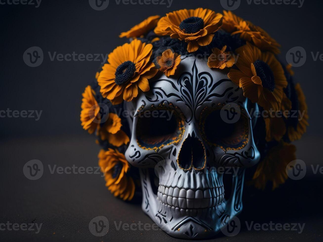 Sugar skull with flowers on black background. photo