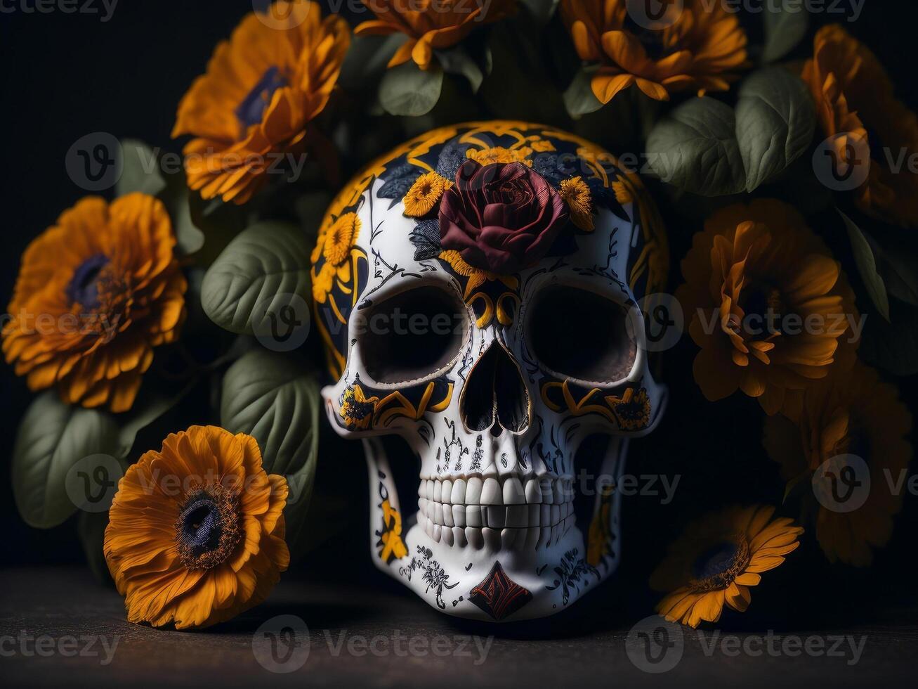 Sugar skull with flowers on black background. photo